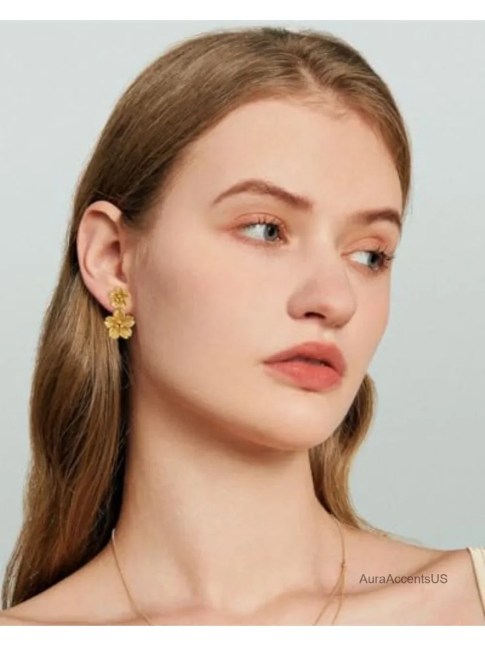 14K Gold Plated Double Flower Dangle Earrings Chunky Statement Women